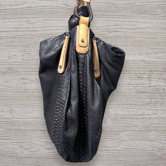 H by Halston Heritage Embossed Leather Pleated Hobo Shoulder Bag Black Tan Purse - Picture 15 of 16